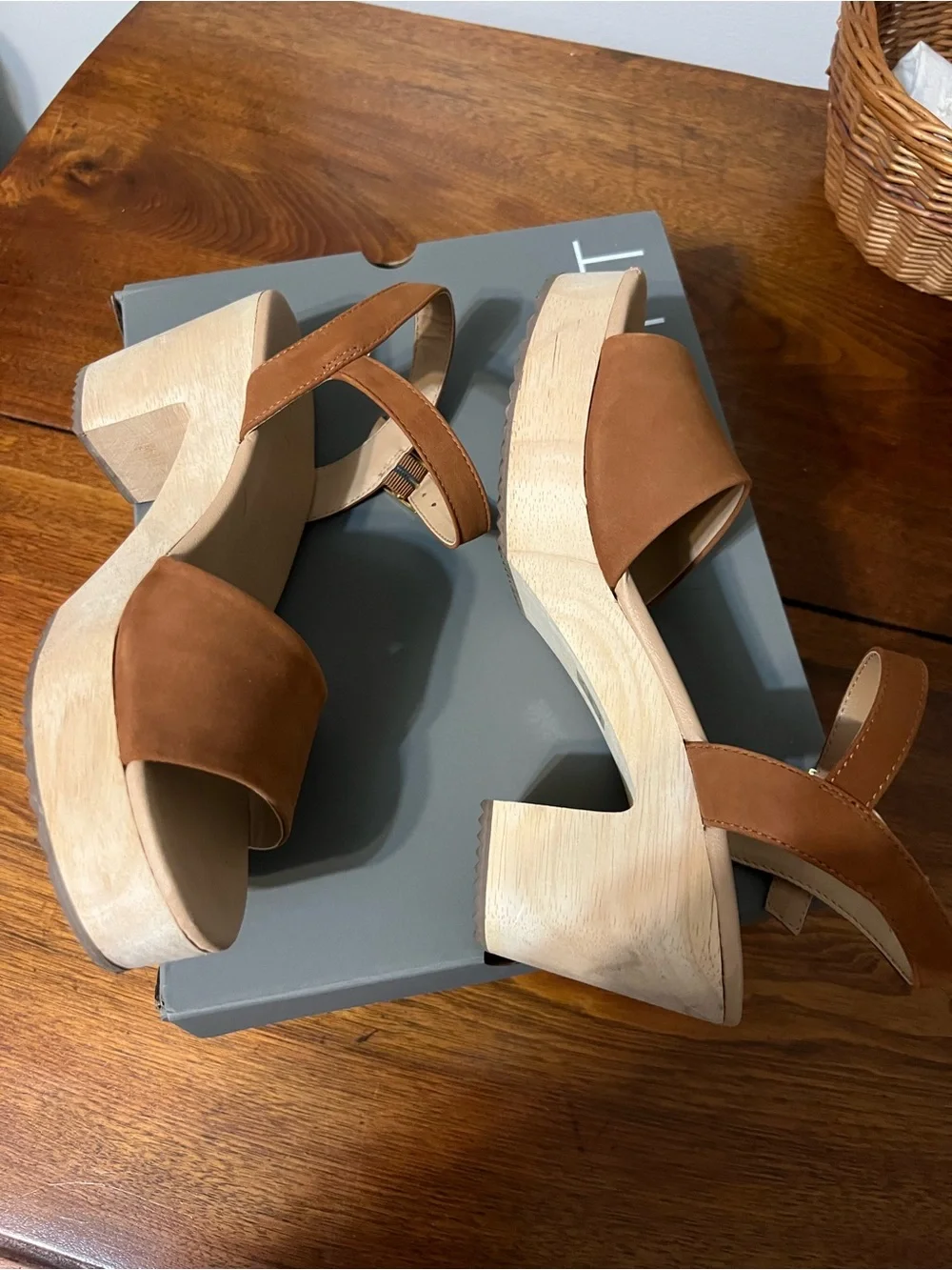LOFT Cognac Suede Platform Sandals with Wood Block Heel